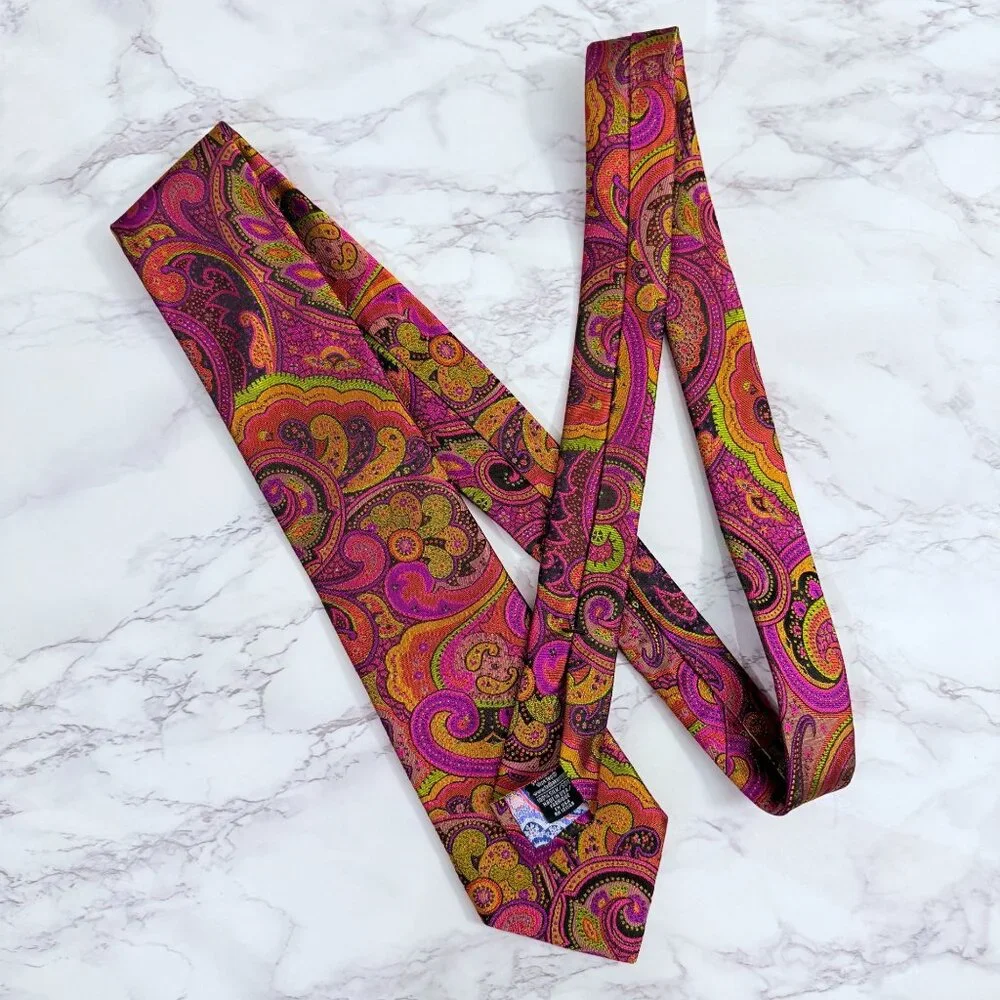 Ted Baker London 100% Silk Paisley Necktie Pink Gold Mustard Made In USA Retro - Picture 4 of 11